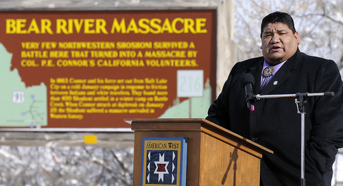 Jason Walker, chairman of the Northwestern Band of the Shoshone Nation, speaks during the 150th anniversary memorial ceremony of the Bear River Massacre, Tuesday, Jan. 29, 2013 near Preston, Idaho. (Eli Lucero/Herald Journal)